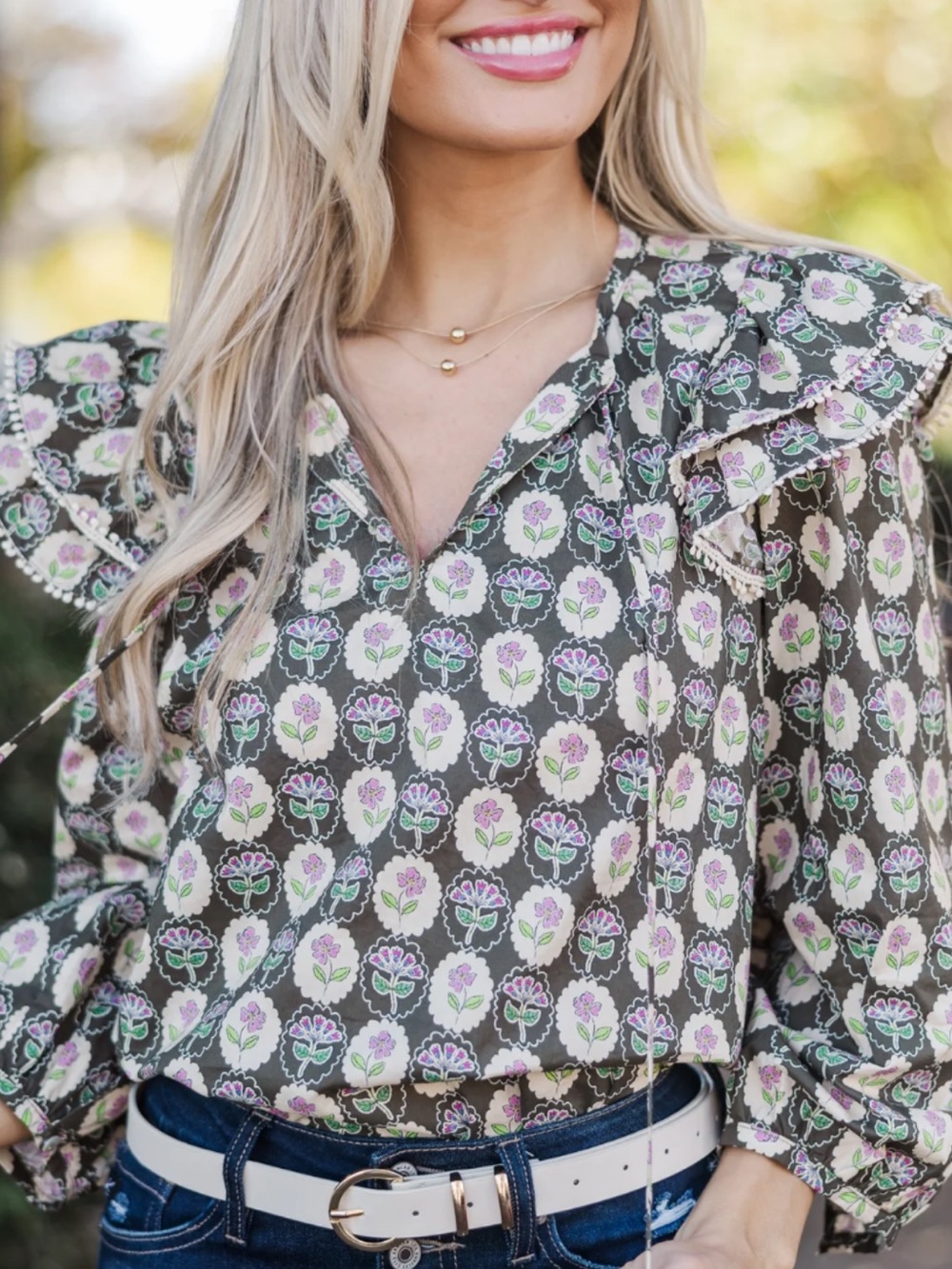 entro Brown Floral Ruffle-Yoke Blouse with Pink Accents